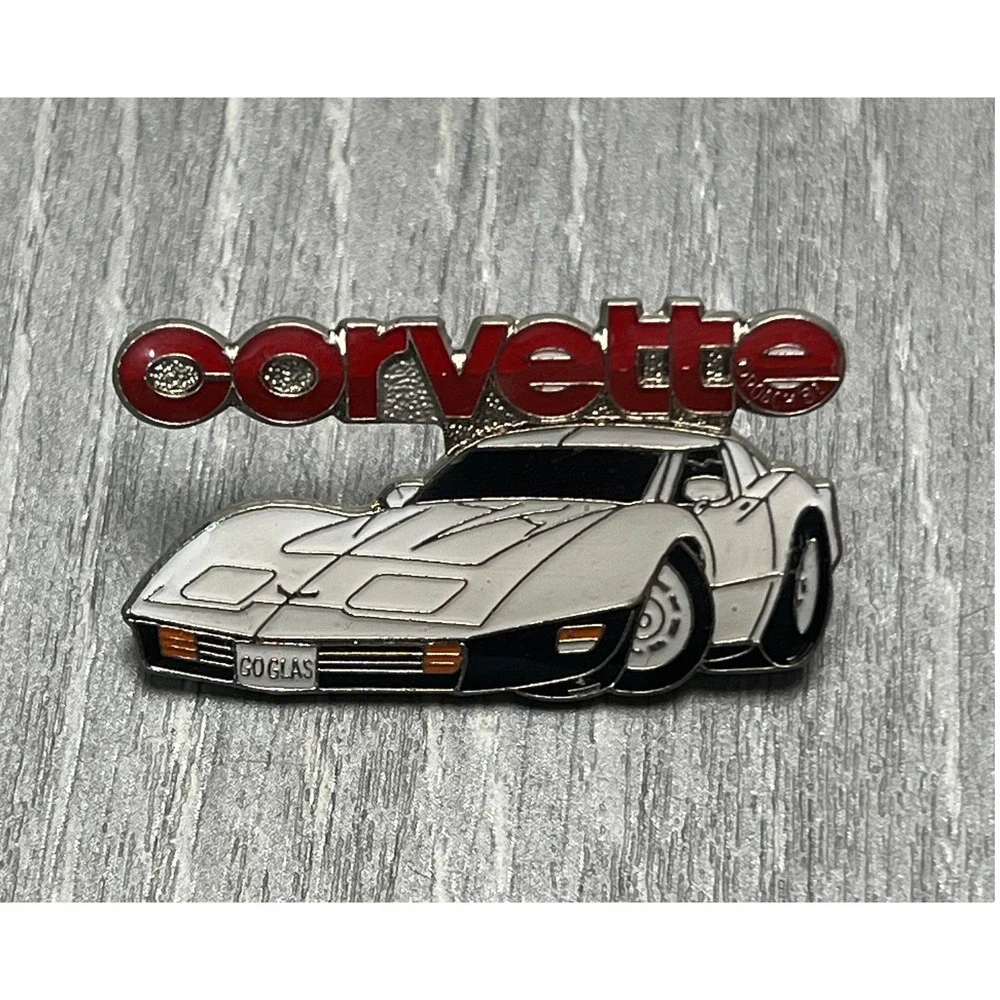 Vintage Roach 1981 Corvette C3 White Sports Car Enamel Pin Red Logo GO GLAS